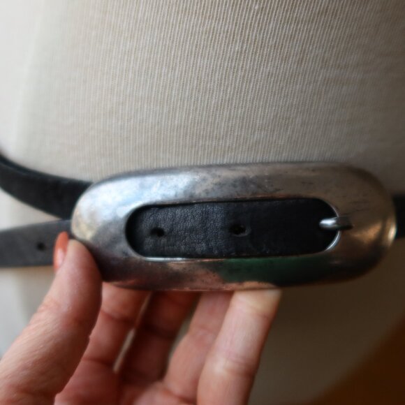 Streets Ahead belt black leather and large oval silver buckle size ITALY $185 S main image 15